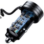 USAMS car charger 2xUSB-C 1xUSB-A C33 60W with spring cable Fast Charge black CC167CC01 (US-CC167) - imagine 5