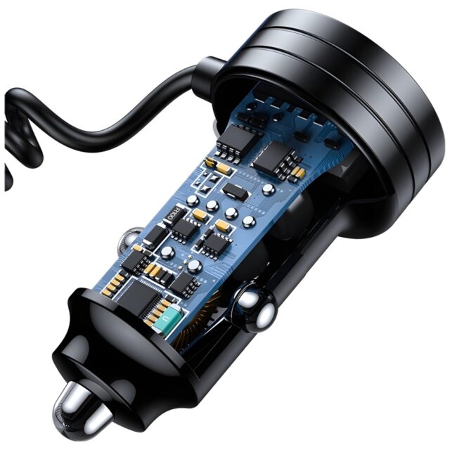 USAMS car charger 2xUSB-C 1xUSB-A C33 60W with spring cable Fast Charge black CC167CC01 (US-CC167) - imagine 5