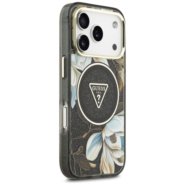 Guess IML Glitter Flowers Triangle MagSafe case for iPhone 17 Pro Max black - imagine 4