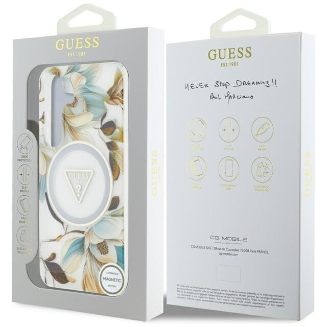 Case Guess Glitter Flowers Triangle Buttons MagSafe for Samsung Galaxy S25 white - imagine 8