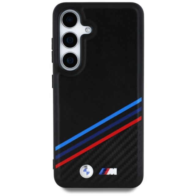 Case BMW Leather Tricolor Crossing Stripes MagSafe for Samsung Galaxy S25 black - imagine 3