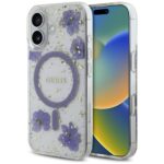 Case Guess Resin Flowers Glitter MagSafe for iPhone 16 purple
