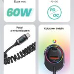 USAMS Car Charger C37 1xUSB+1xUSB-C 60W +USB-C Cable 30W PD+QC Fast Charge black CC192CC01 - imagine 2