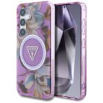 Case Guess Glitter Flowers Triangle Buttons MagSafe for Samsung Galaxy S25 purple
