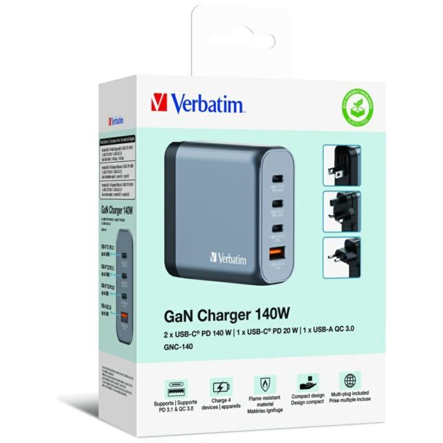Verbatim GaN 140W Wall Charger 3xUSB-C/USB-A + EU/UK/US Adapter GNC-140 32203 - imagine 5