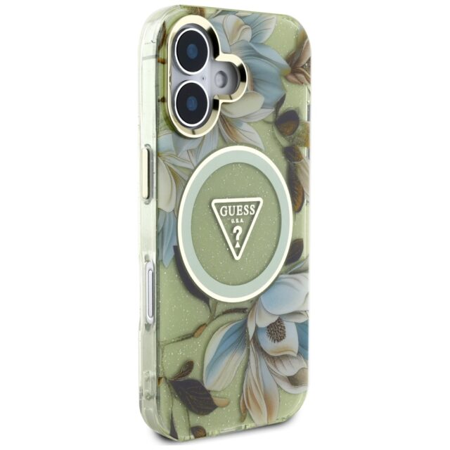 Case Guess Glitter Flowers Triangle Buttons MagSafe for iPhone 16 green - imagine 4