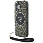 Case Guess HC IML Leopard Triangle Cord Strap for iPhone 16 MagSafe brown