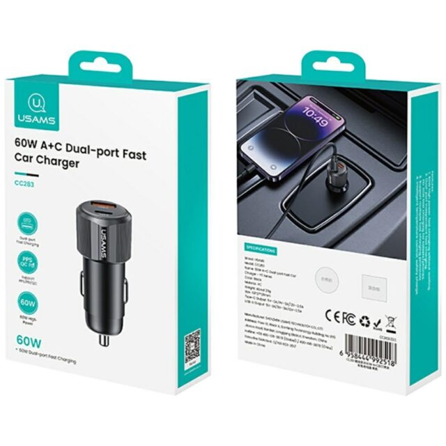 Car Charger USAMS YT Series CC283 60W 1xUSB-A 1xUSB-C black - imagine 8