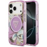 Case Guess IML Glitter Flowers Triangle MagSafe for iPhone 17 Pro Max purple