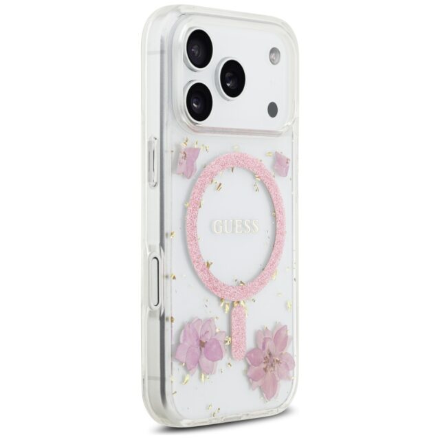 Case Guess Resin Flowers Glitter MagSafe for iPhone 17 Pro pink - imagine 4