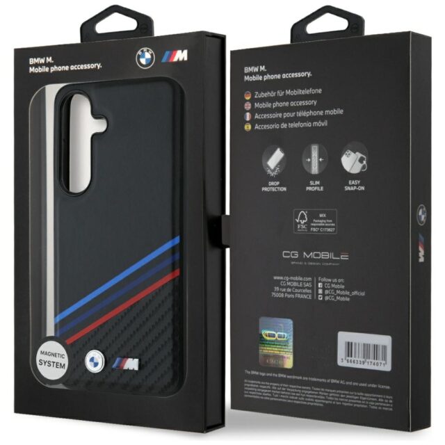 Case BMW Leather Tricolor Crossing Stripes MagSafe for Samsung Galaxy S25 black - imagine 8