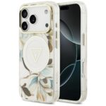 Guess IML Glitter Flowers Triangle MagSafe Case for iPhone 17 Pro White