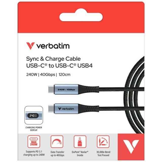 Cable Verbatim Sync & Charge USB-C to USB-C 40Gb/s 240W display 120cm black 31849 - imagine 7