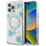 Case Guess Resin Flowers Glitter MagSafe for iPhone 16 Pro Max turquoise