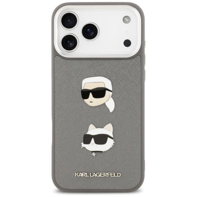 Karl Lagerfeld FW Grained Karl & Choupette Heads Pins & Logo Case for iPhone 17 Pro Max Gray - imagine 3