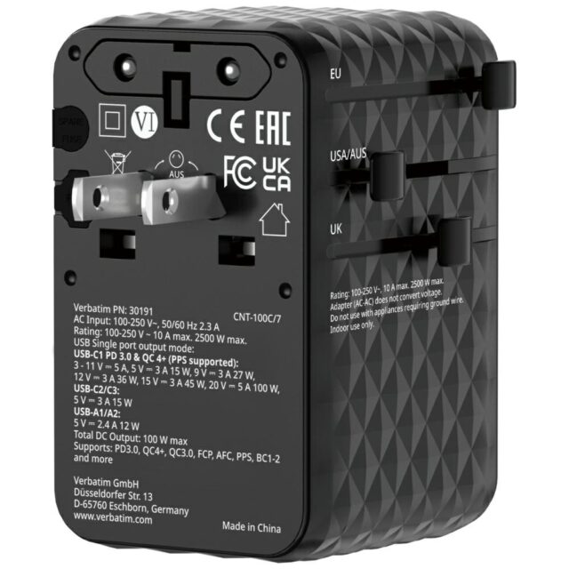 Verbatim Travel Adapter EU/UK/US GaN   2xUSB-C/2xUSB-A/1xUSB-C PD 100W black 30191 - imagine 6