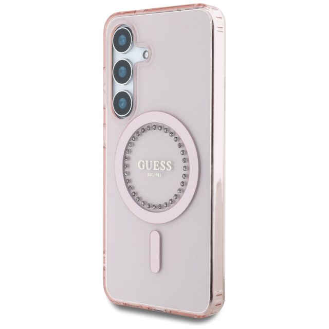 Case Guess Rhinestones Printed Classic Logo MagSafe Samsung Galaxy S25 pink - imagine 2