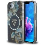 Case Guess IML Metal Glitter Flowers Triangle MagSafe for iPhone 16e black