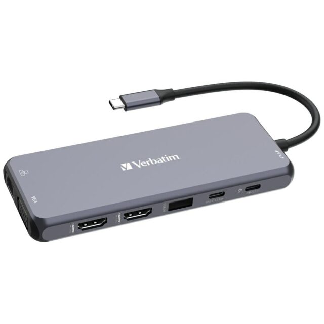 Verbatim Adapter Hub USB-C - 2xHDMI/VGA/Eternet/5xUSB-A/Jack 3.5mm/2xUSB-C/SD/microSD aluminum 32154 - imagine 2