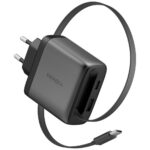 Wall charger Energea Ampcharge Arc 65 USB-A/USB-C + retractable USB-C cable PD/PPS/QC3.0 GaN gunmeta