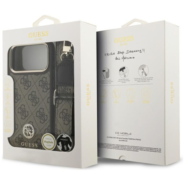 Case Guess 4G Strass Logo & Big Strap    Metal Buttons MagSafe for iPhone 17 Pro Max brown - imagine 9