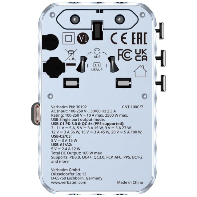 Verbatim Travel Adapter EU/UK/US GaN   2xUSB-C/2xUSB-A/1xUSB-C PD 100W blue 30192 - imagine 2