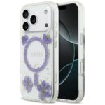 Case Guess Resin Flowers Glitter MagSafe for iPhone 17 Pro purple