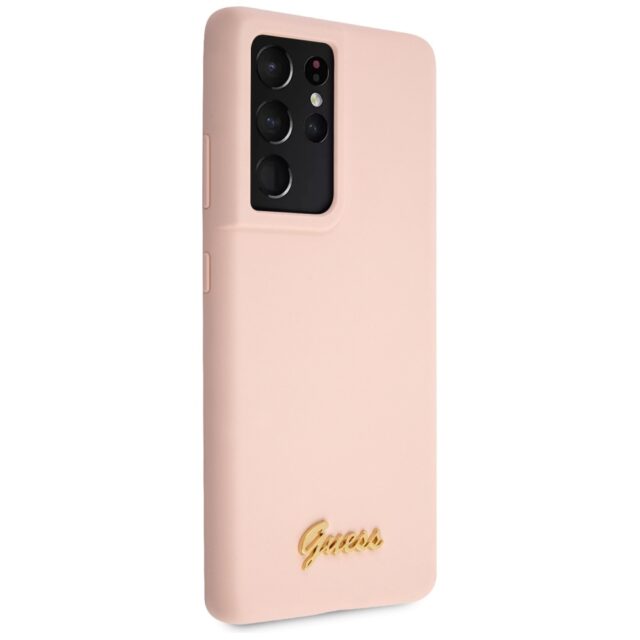 Guess GUHCS21LLSLMGLP S21 Ultra G998 pink hardcase Silicone Script Metal Logo - imagine 4