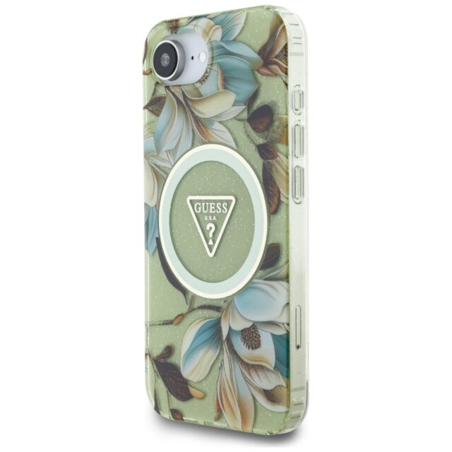Case Guess IML Metal Glitter Flowers Triangle MagSafe for iPhone 16e green - imagine 2