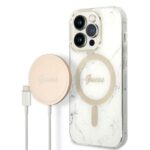 Guess Set GUBPP14LHMEACSH Case+Charger iPhone 14 Pro 6,1"white hard case Marble MagSafe