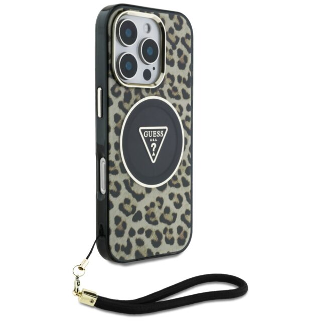 Case Guess HC IML Leopard Triangle Cord Strap for iPhone 16 Pro Max MagSafe brown - imagine 3
