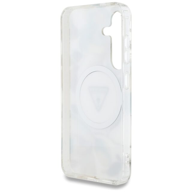 Case Guess Glitter Flowers Triangle Buttons MagSafe for Samsung Galaxy S25 white - imagine 7