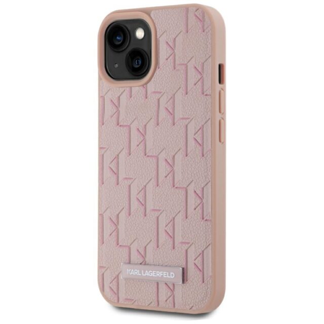 Case Karl Lagerfeld Leather Monogram Metal Logo MagSafe for iPhone 15 pink - imagine 2