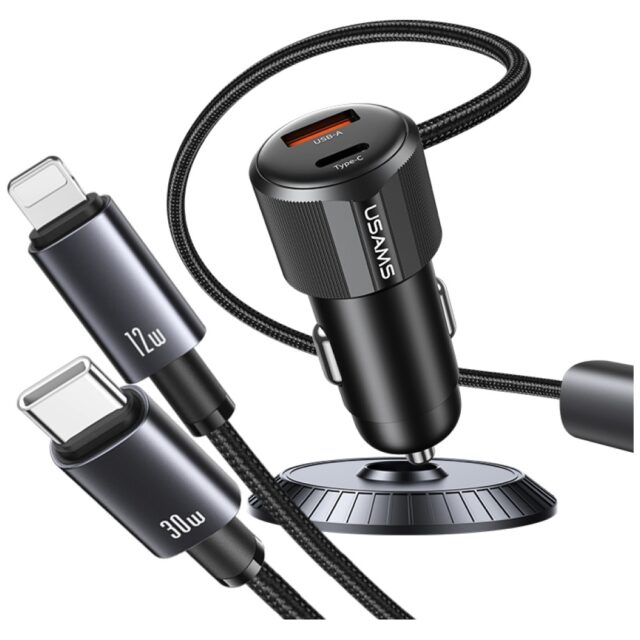 USAMS YT Series CC287 Car Charger 66W 1xUSB-A 1xUSB-C + 2in1 USB-C/Lightning Cable - imagine 4