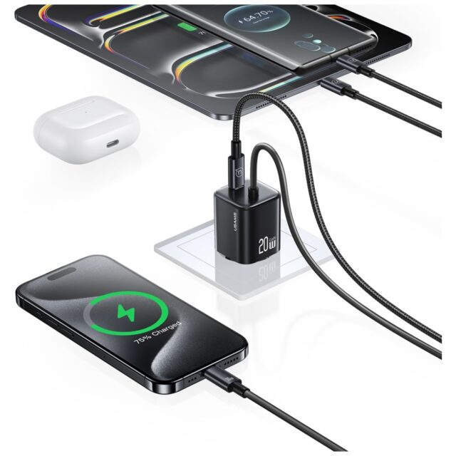 USAMS JC Series CC261 20W GaN Mini Fast Charger 2xUSB-C Black - imagine 9