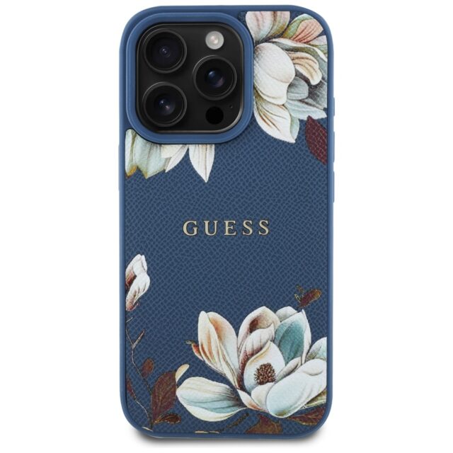 Case Guess Grained Printed Flower Pattern MagSafe for iPhone 16 Pro Max blue - imagine 3
