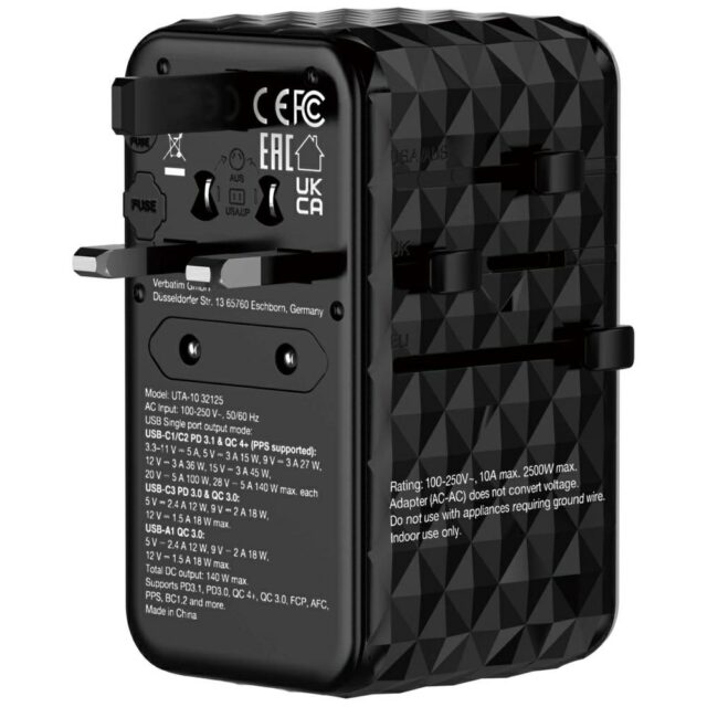 Verbatim Travel Adapter EU/UK/US GaN USB-A/3xUSB-C PD 140W UTA-10 black 32125 - imagine 3