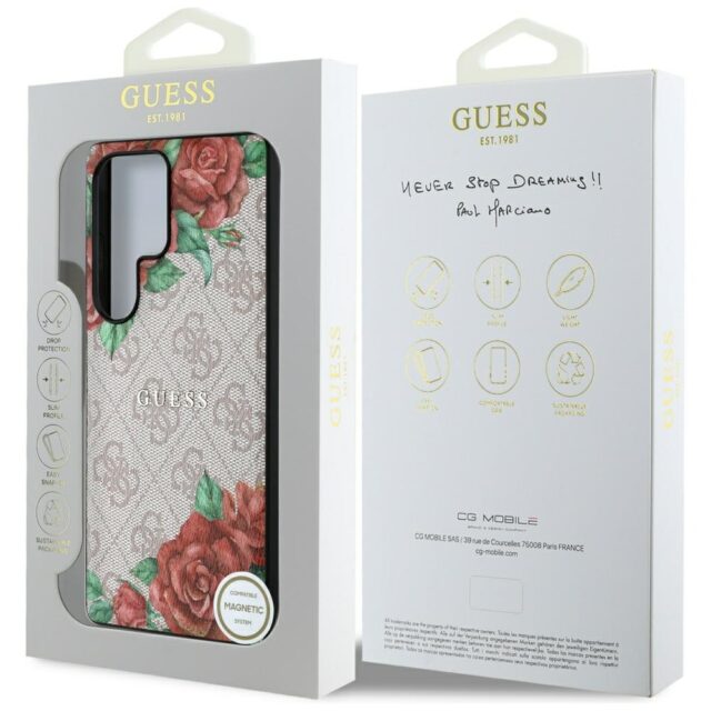 Guess Leather 4G Flowers Print Metal Classic Logo MagSafe Case Samsung Galaxy S25 Ultra pink - imagine 8
