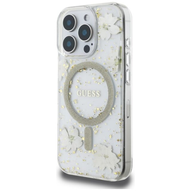 Case Guess Resin Flowers Glitter MagSafe for iPhone 16 Pro beige - imagine 2