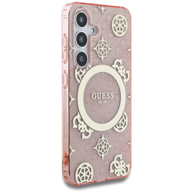 Case Guess 4G Background Gold Electroplated Peony Pattern MagSafe do Samsung Galaxy S25 pink - imagine 4