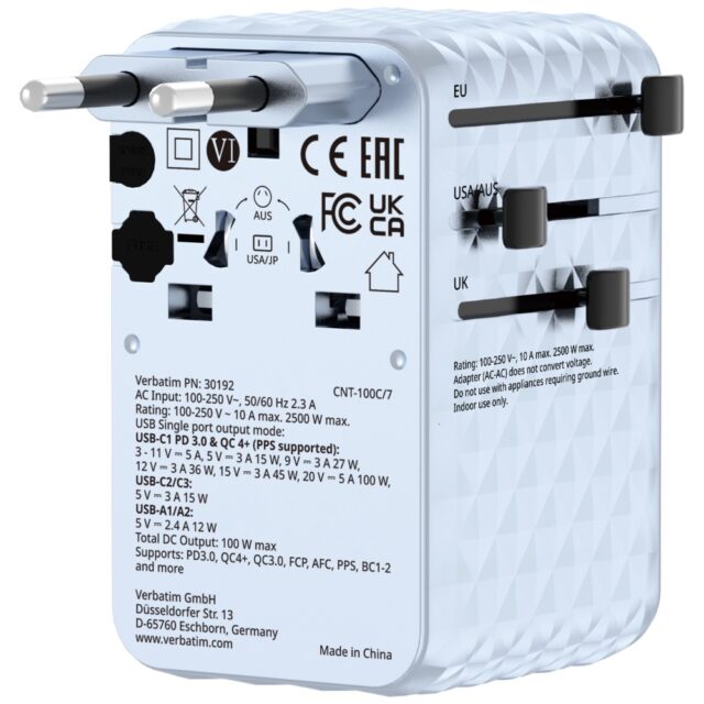 Verbatim Travel Adapter EU/UK/US GaN   2xUSB-C/2xUSB-A/1xUSB-C PD 100W blue 30192 - imagine 3