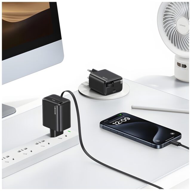 USAMS Charger 1xUSB-C with retractable USB-C Retractable PD+QC 30W Gan Fast Charging black - imagine 6