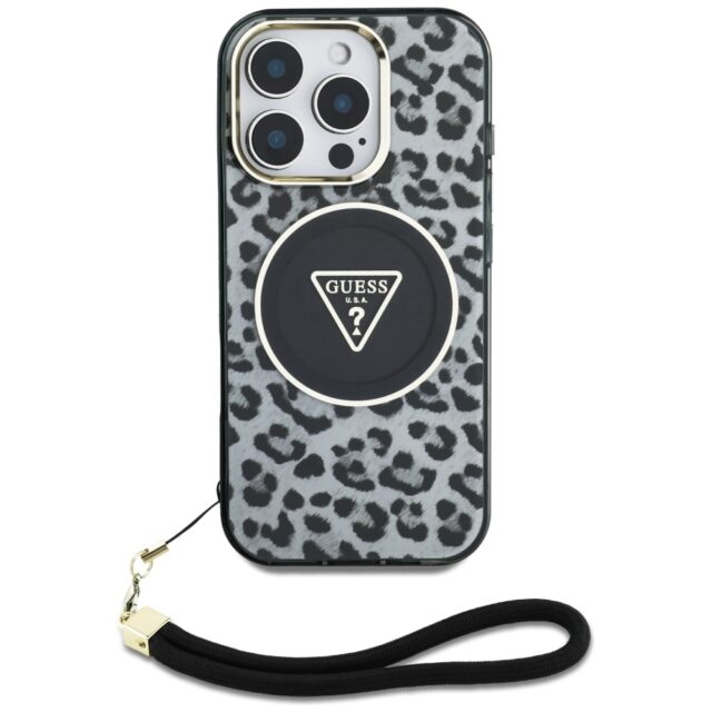 Case Guess HC IML Leopard Triangle Cord Strap for iPhone 16 Pro Max MagSafe black - imagine 2