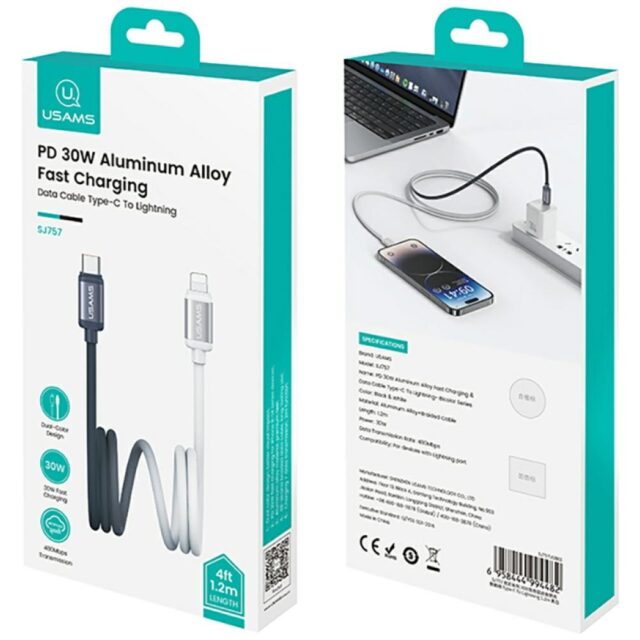Cable USAMS Bicolor Series SJ757 PD 30W  USB-C/Lightning 1.2m black and white - imagine 8