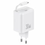 USAMS Charger 1xUSB-C with retractable USB-C Retractable PD+QC 30W Gan Fast Charging white