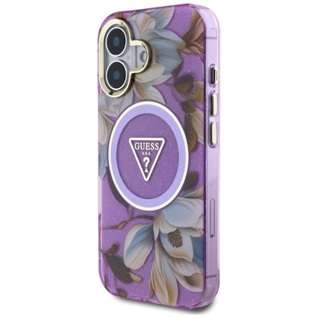 Case Guess Glitter Flowers Triangle Buttons MagSafe for iPhone 16 purple - imagine 2