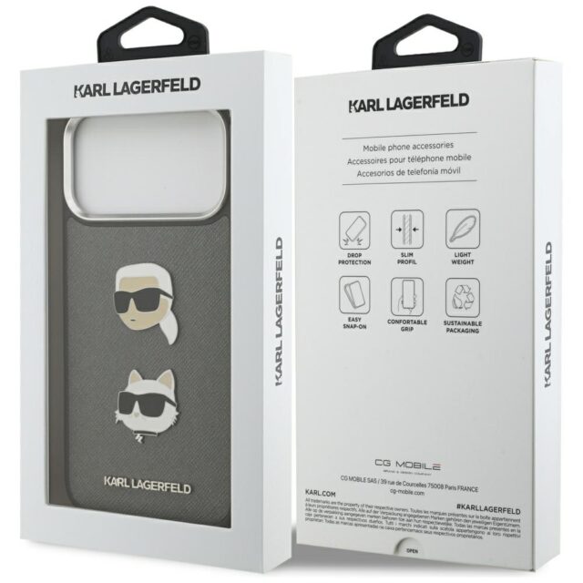 Karl Lagerfeld FW Grained Karl & Choupette Heads Pins & Logo Case for iPhone 17 Pro Max Gray - imagine 8