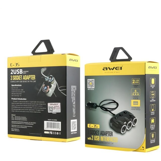 AWEI C-353 car cigarette lighter socket splitter 12V + 2 USB, black/black splitter - imagine 4