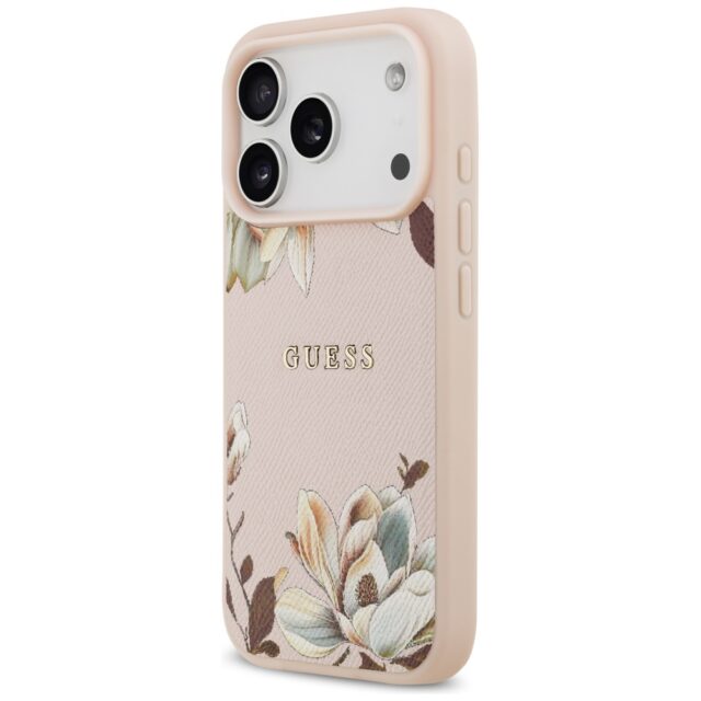 Guess Grained Flowers Classic Logo MagSafe Case for iPhone 17 Pro Pink - imagine 2