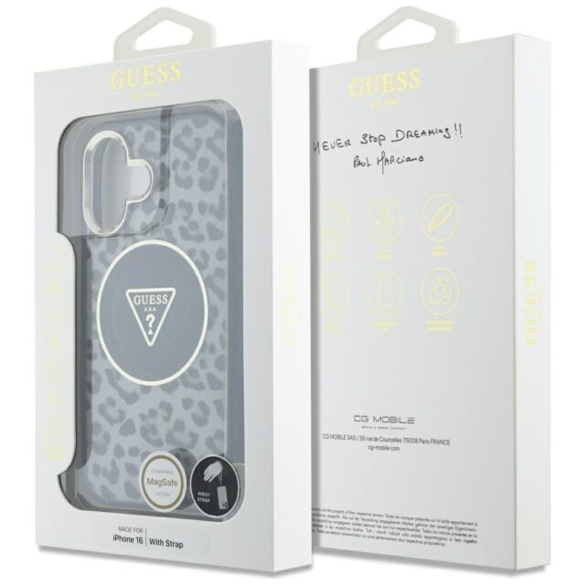 Case Guess HC IML Leopard Triangle Cord Strap for iPhone 16 MagSafe black - imagine 7
